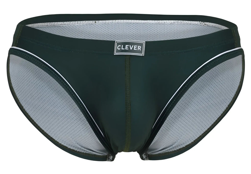 Dark green and gray mesh argovia briefs with white trim and clever brand label on the waistband