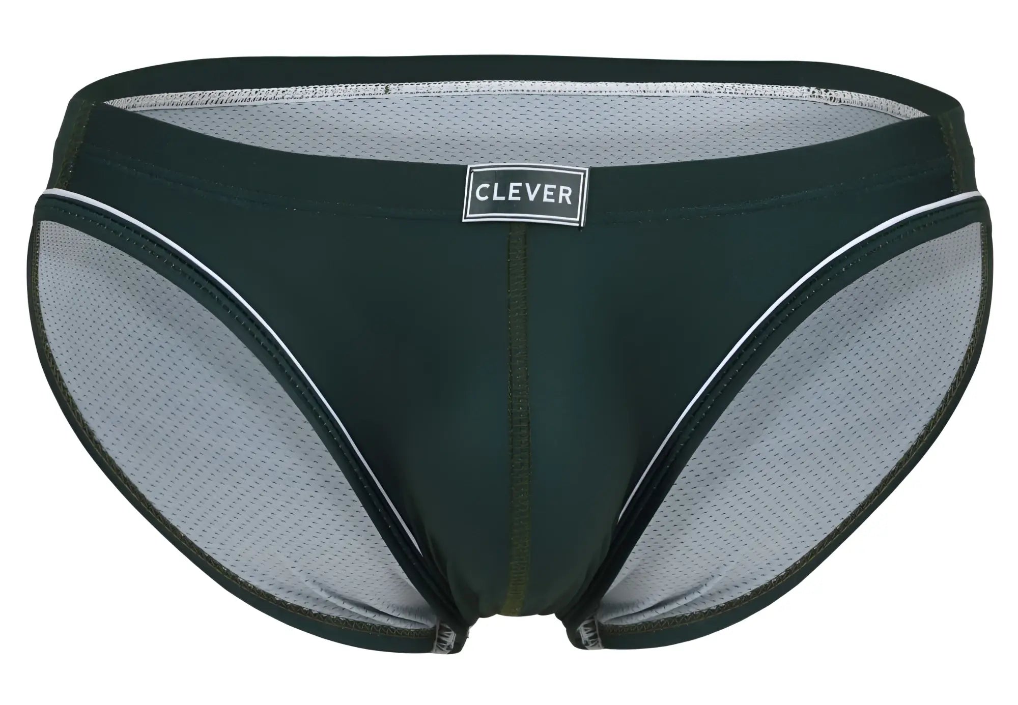 Dark green and gray mesh argovia briefs with white trim and clever brand label on the waistband