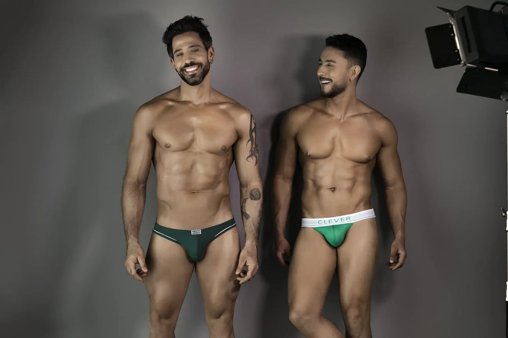 Green and white clever 1782 argovia briefs made of soft fabric showing the front side of the dark green design