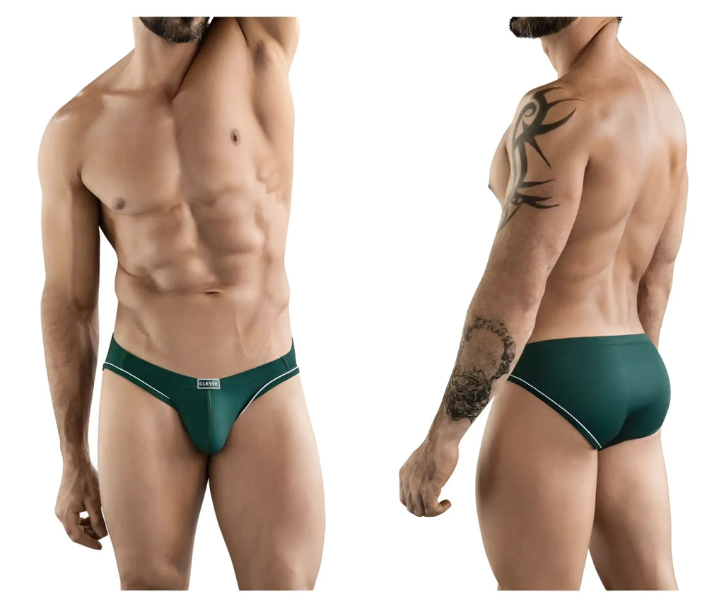 Dark green clever 1782 argovia briefs with white trim and classic brand label on waistband in form-fitting fabric