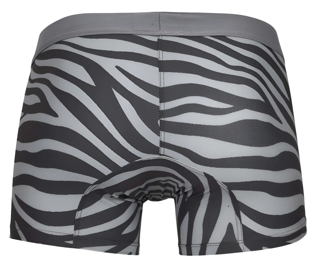 Clever 1800 cebra gray men’s boxer briefs with black and white zebra stripes and gray waistband for everyday comfort