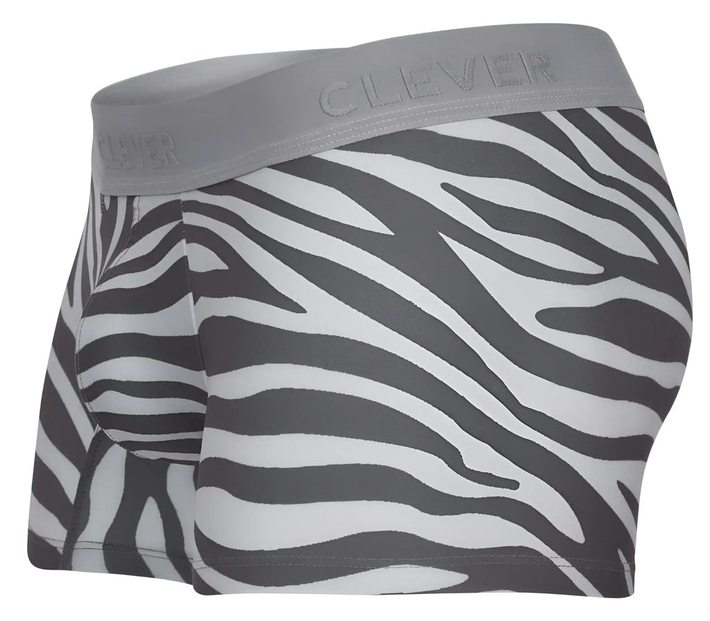 Clever 1800 cebra trunks in gray featuring gray and white zebra print boxer briefs with clever branded elastic waistband