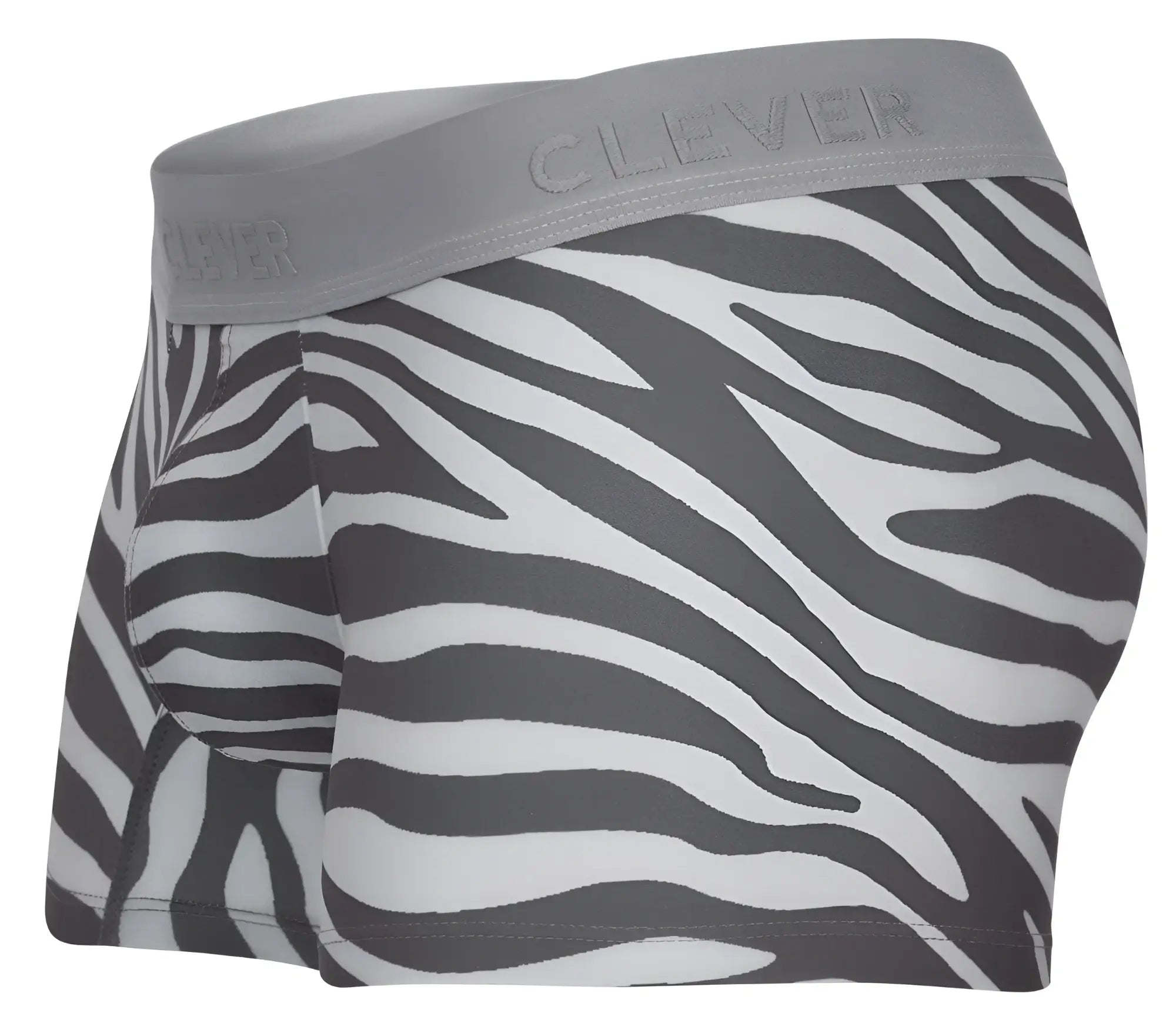 Clever 1800 cebra trunks in gray featuring gray and white zebra print boxer briefs with clever branded elastic waistband