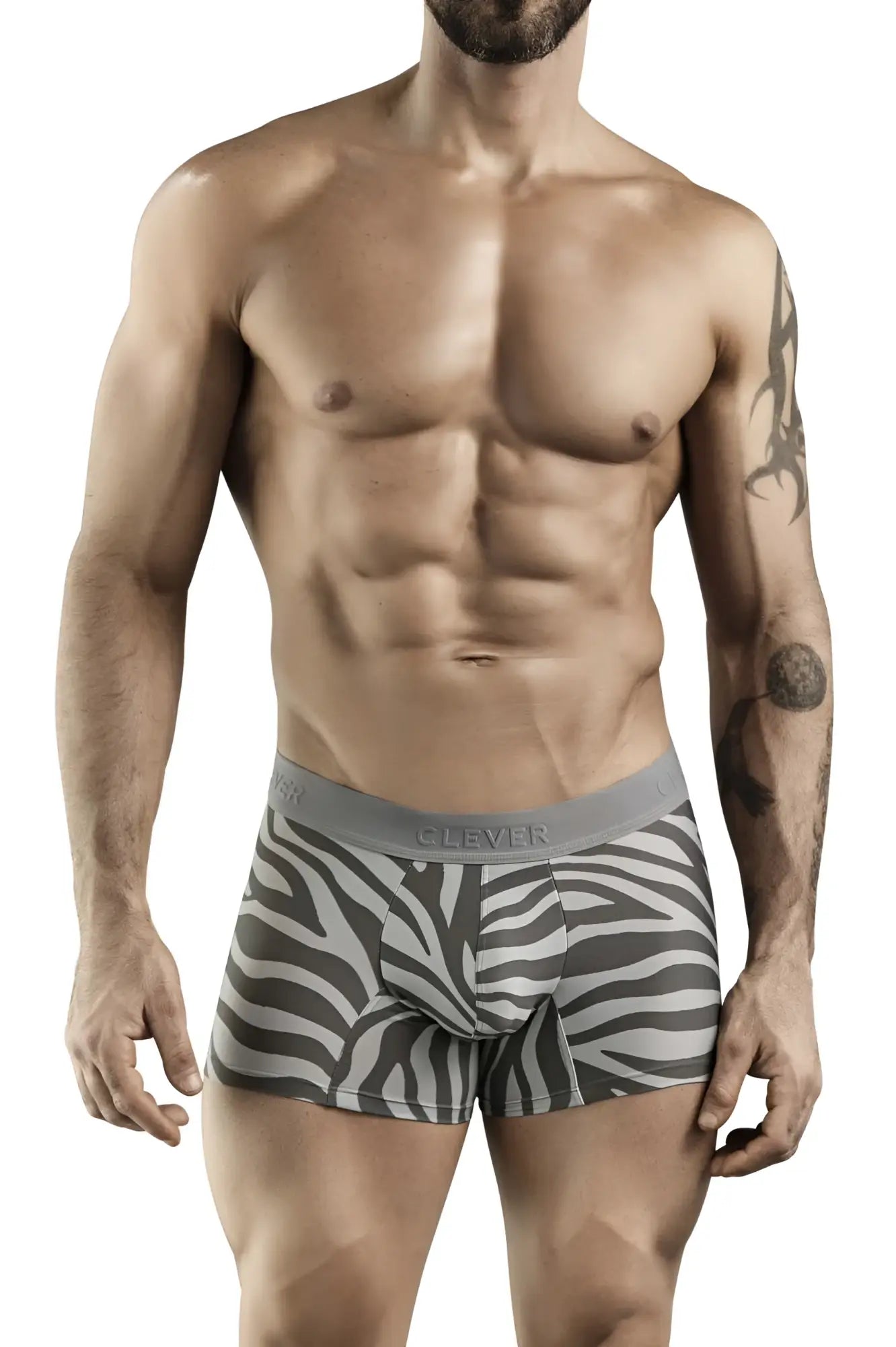 Gray and white zebra-striped boxer briefs with gray elastic waistband featuring clever brand name model 1800 cebra trunks