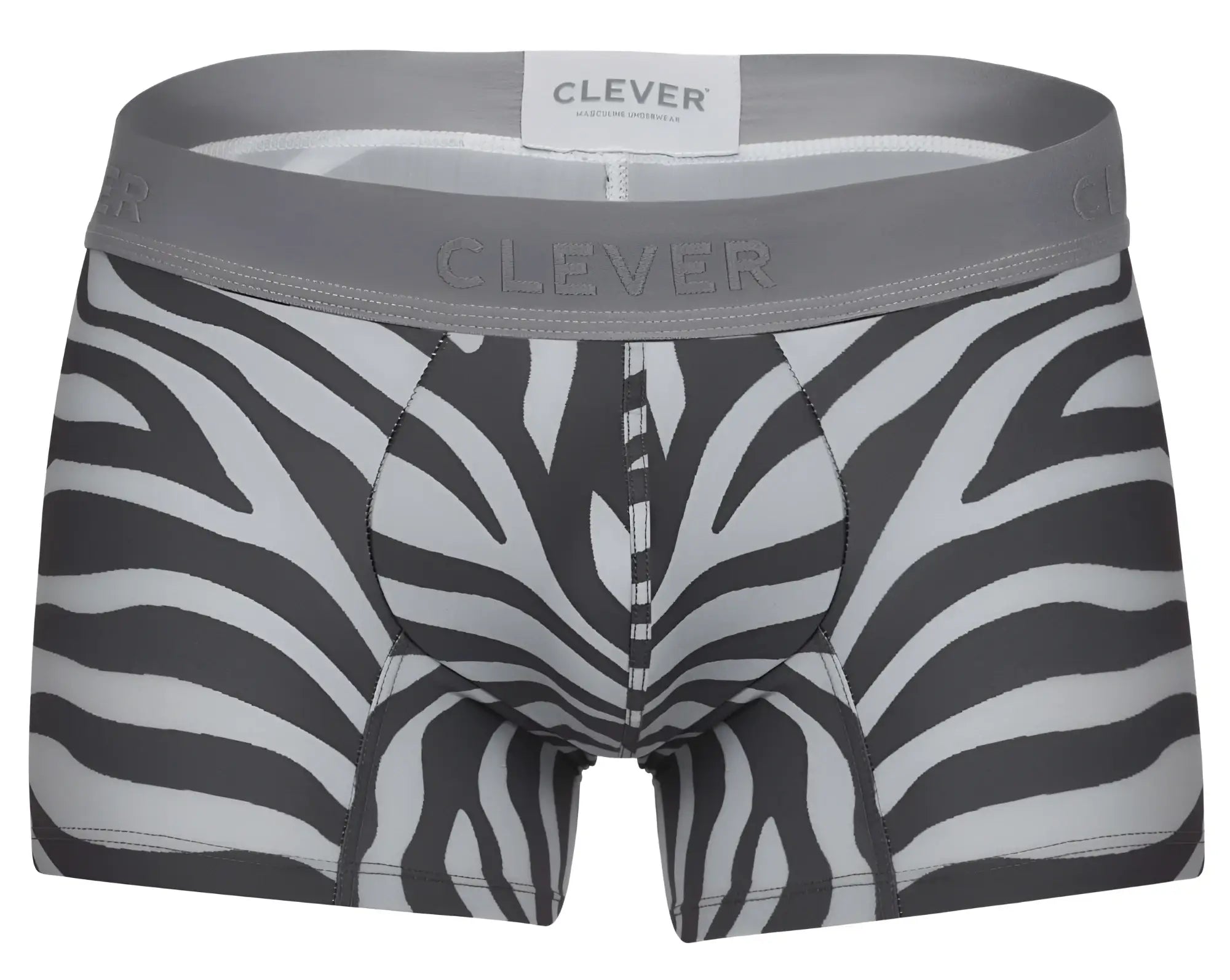 Gray and white zebra-striped men’s boxer briefs with gray elastic waistband featuring clever brand label
