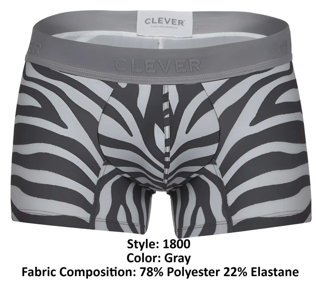 Gray zebra-print boxer briefs with gray elastic waistband featuring clever brand name from clever 1800 cebra trunks