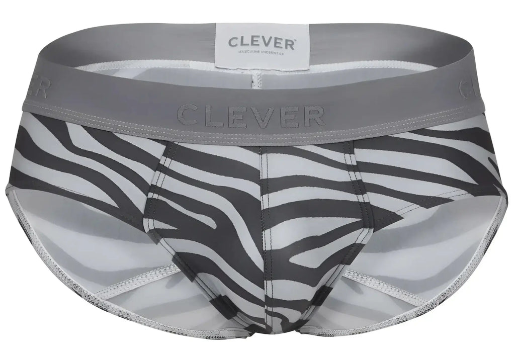 Gray and white zebra-striped clever 1801 cebra briefs with gray elastic waistband for men