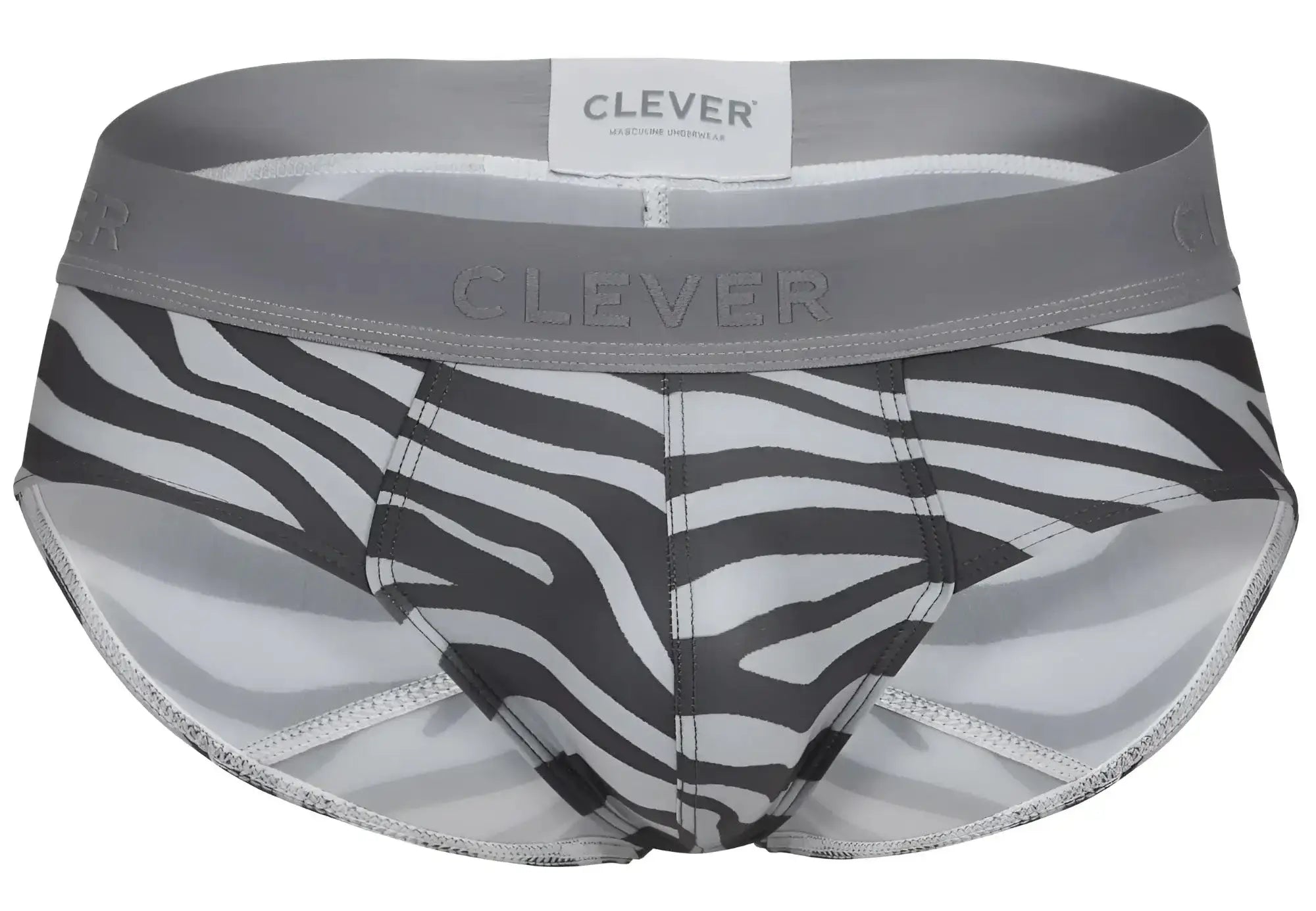 Gray and white zebra-striped clever 1801 cebra briefs with gray elastic waistband for men