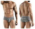 Gray and white zebra-striped clever 1801 cebra men’s briefs with branded elastic waistband front view