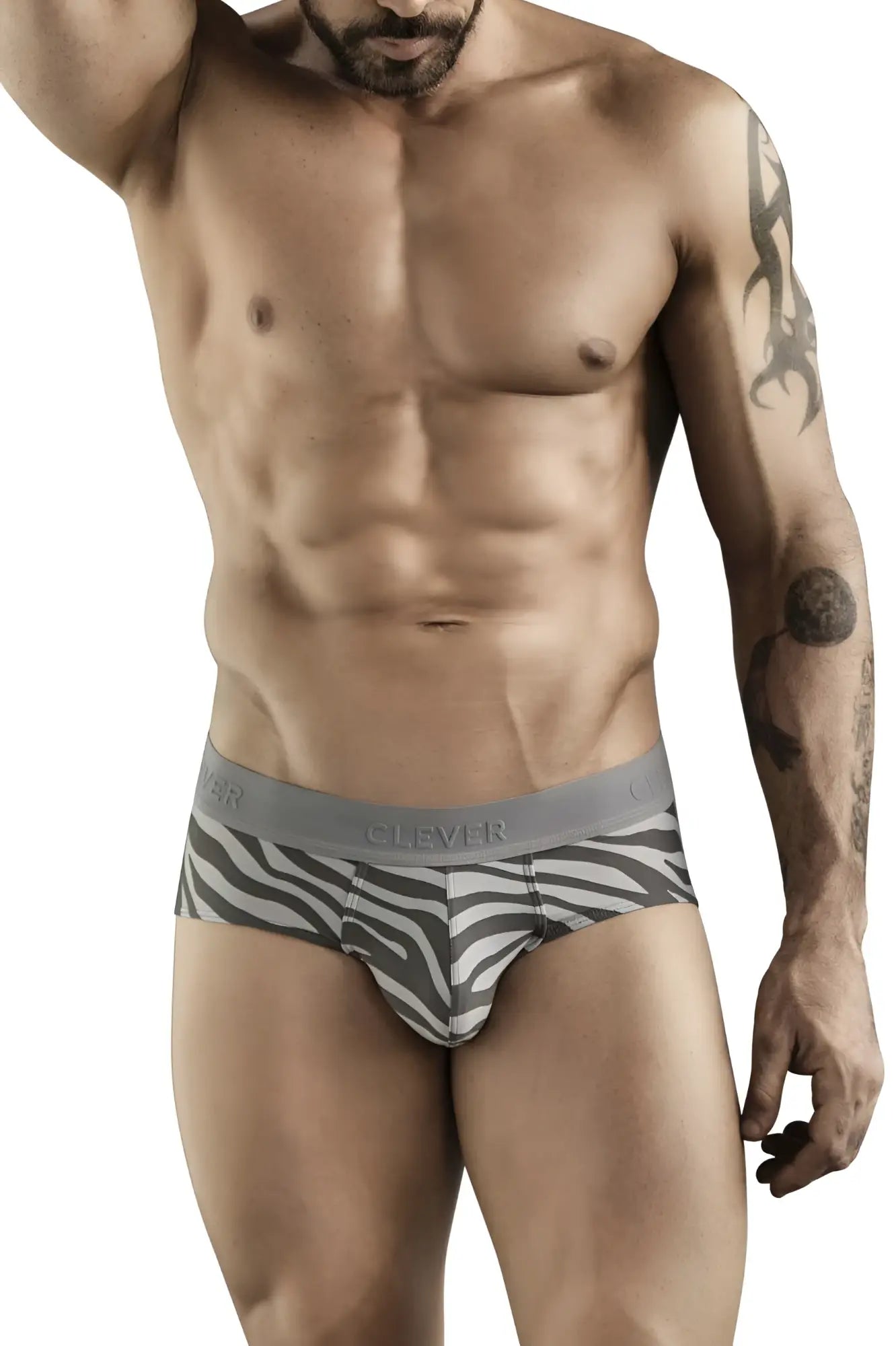 Gray and white zebra-striped men’s briefs with gray elastic waistband featuring clever brand name in gray color