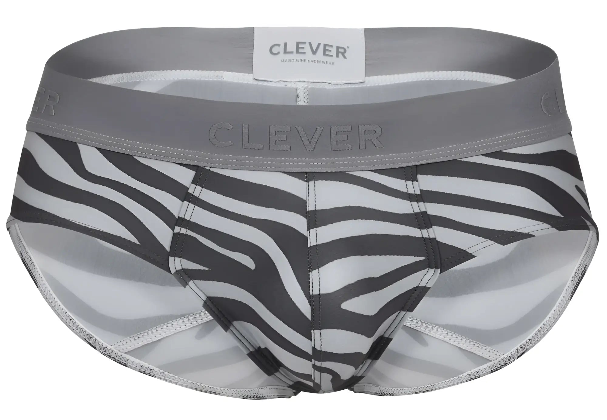Gray and white zebra-striped clever 1801 cebra briefs with gray elastic waistband for men