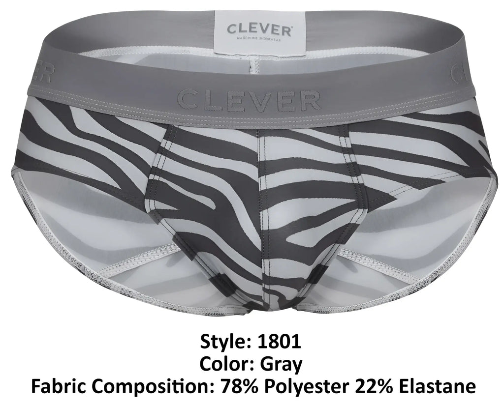 Gray zebra-print briefs with gray elastic waistband by clever made of 78 polyester 22 elastane in style 1801 cebra