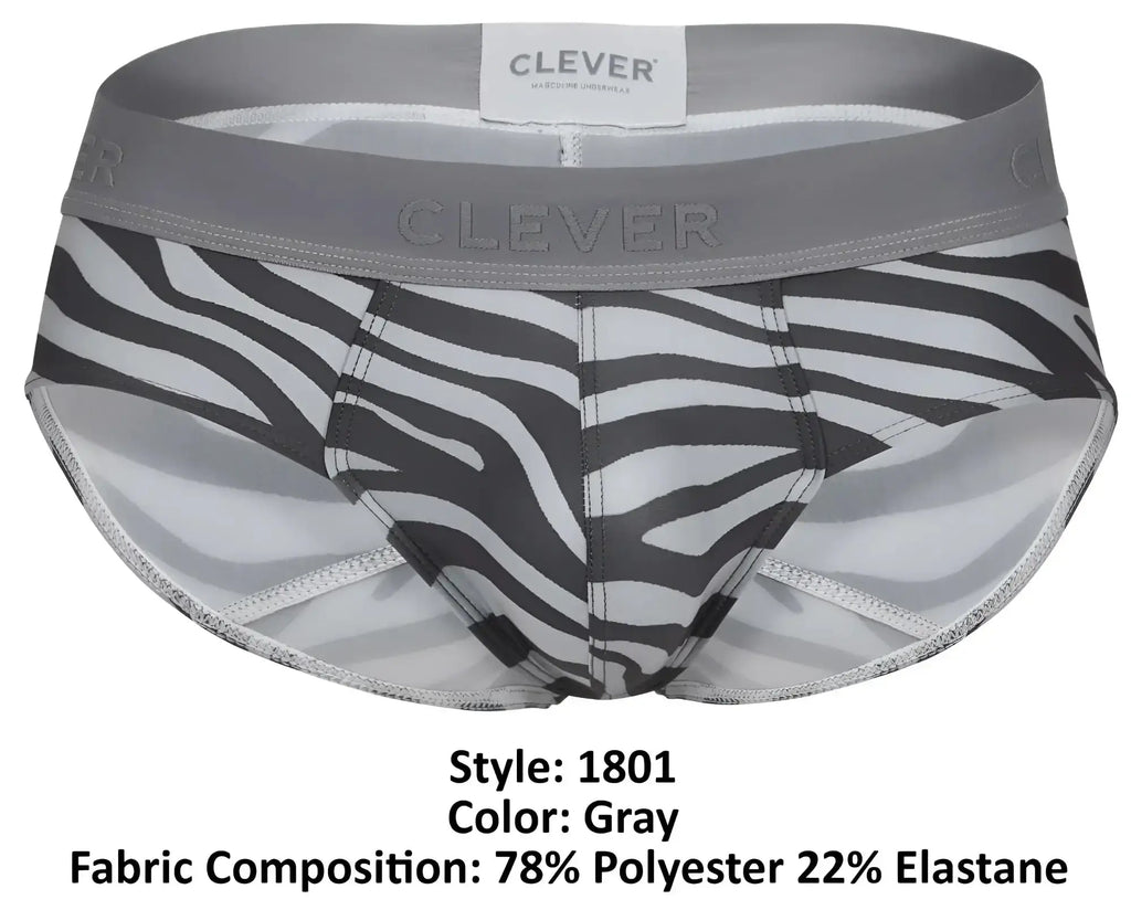 Gray zebra-print briefs with gray elastic waistband by clever made of 78 polyester 22 elastane in style 1801 cebra