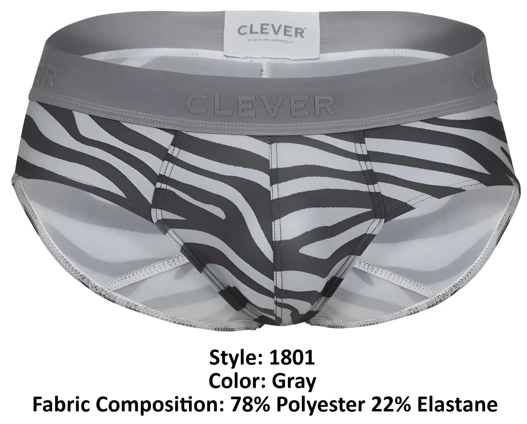 Gray zebra-print briefs with gray elastic waistband by clever made of 78 polyester 22 elastane in style 1801 cebra