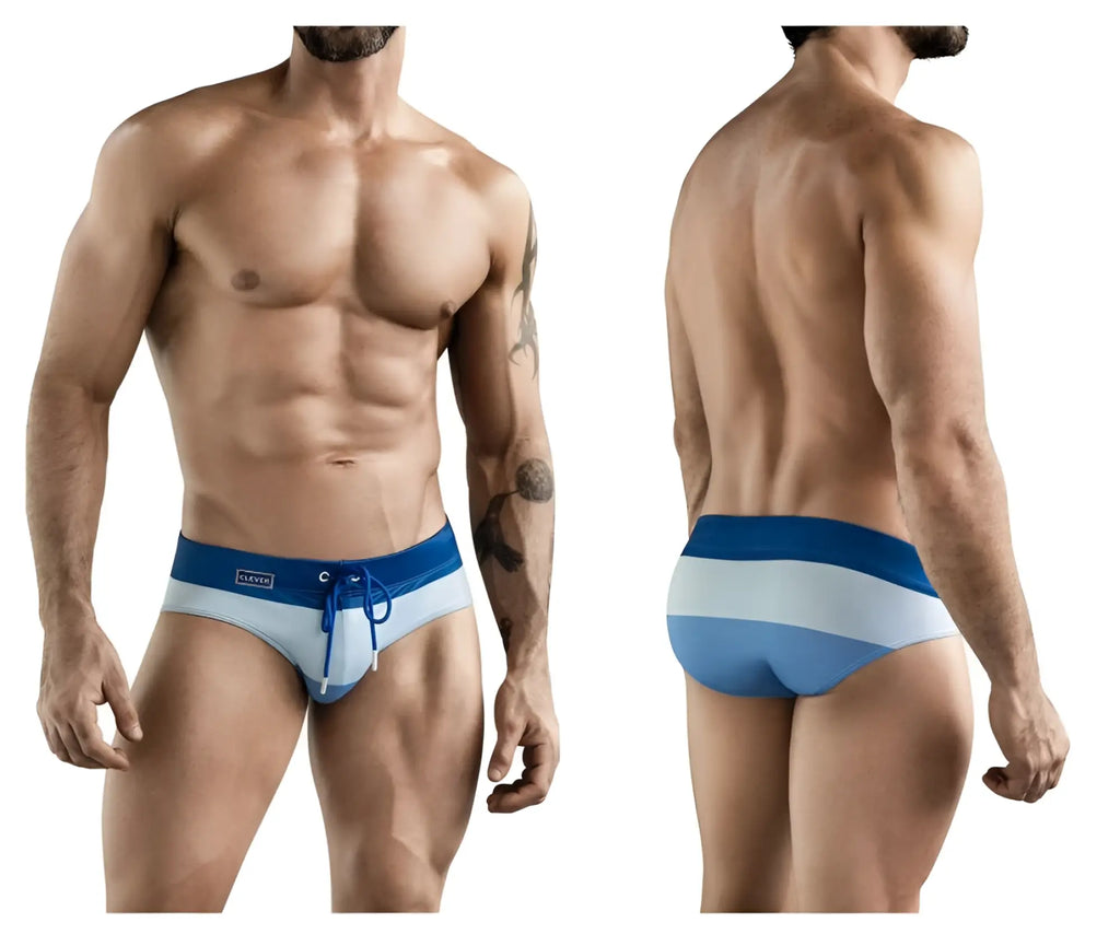 Blue and white striped clever 1802 wave swim briefs with drawstring waistband for swimming and beachwear