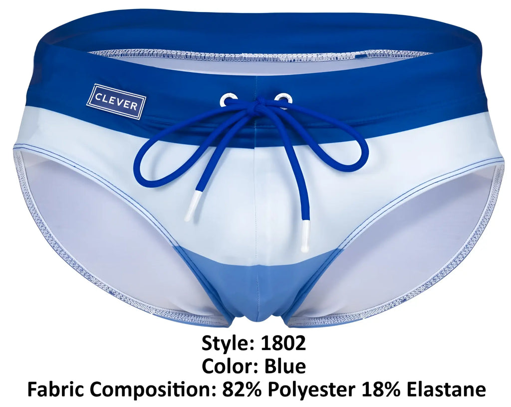 Clever 1802 wave blue swim briefs with blue and white stripes and navy waistband featuring clever logo on left side