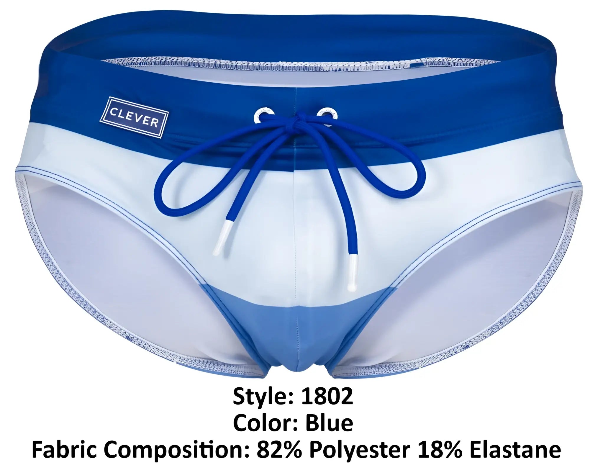 Clever 1802 wave blue swim briefs with blue and white stripes and navy waistband featuring clever logo on left side