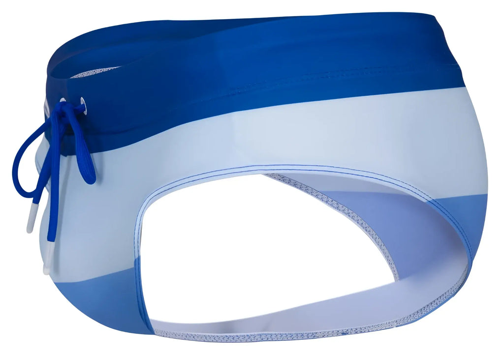 Blue and white striped clever 1802 wave swim briefs with matching blue drawstring for swimming and beachwear