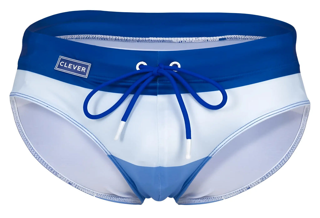 Clever 1802 wave swim briefs in blue and white with matching blue drawstring and clever brand label on waistband