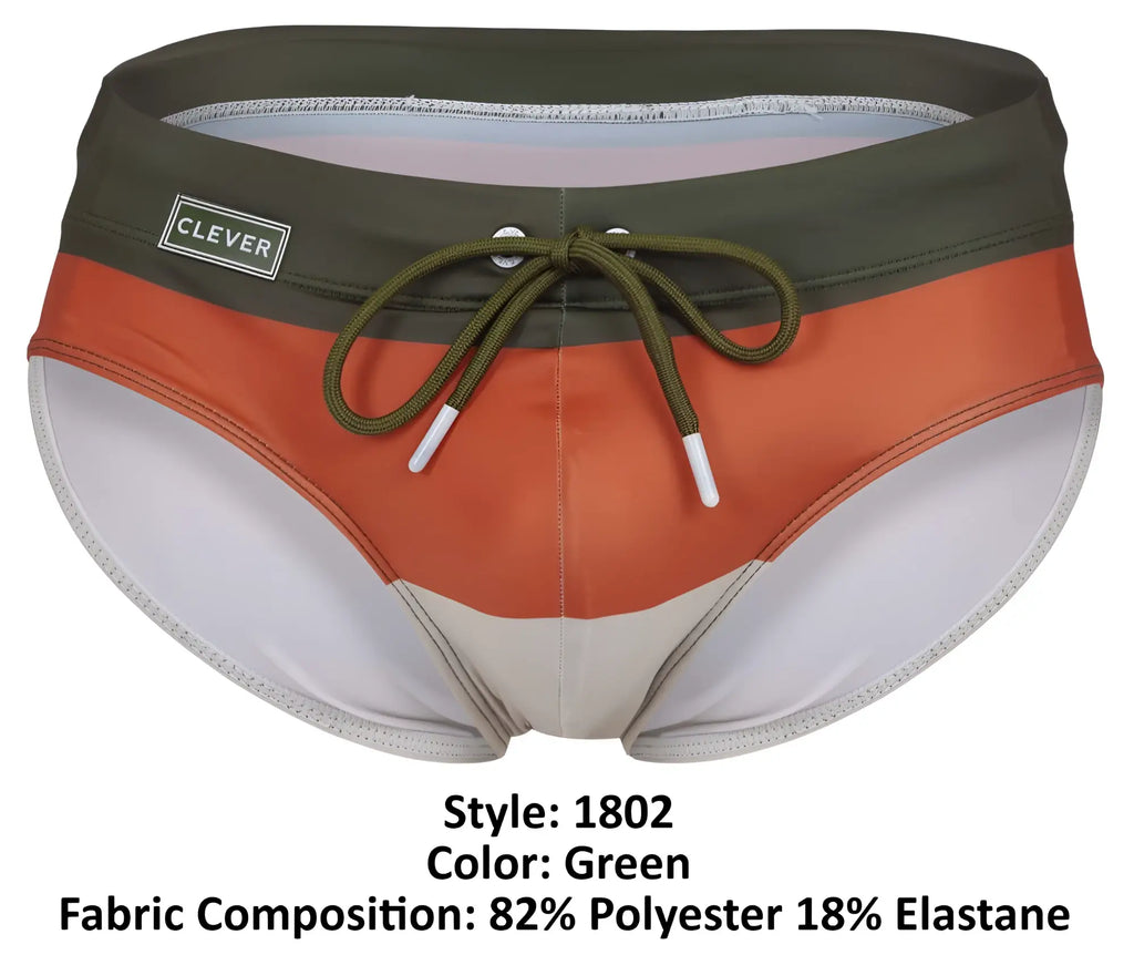 Clever 1802 wave swim briefs in green orange and white color block with olive drawstring for men