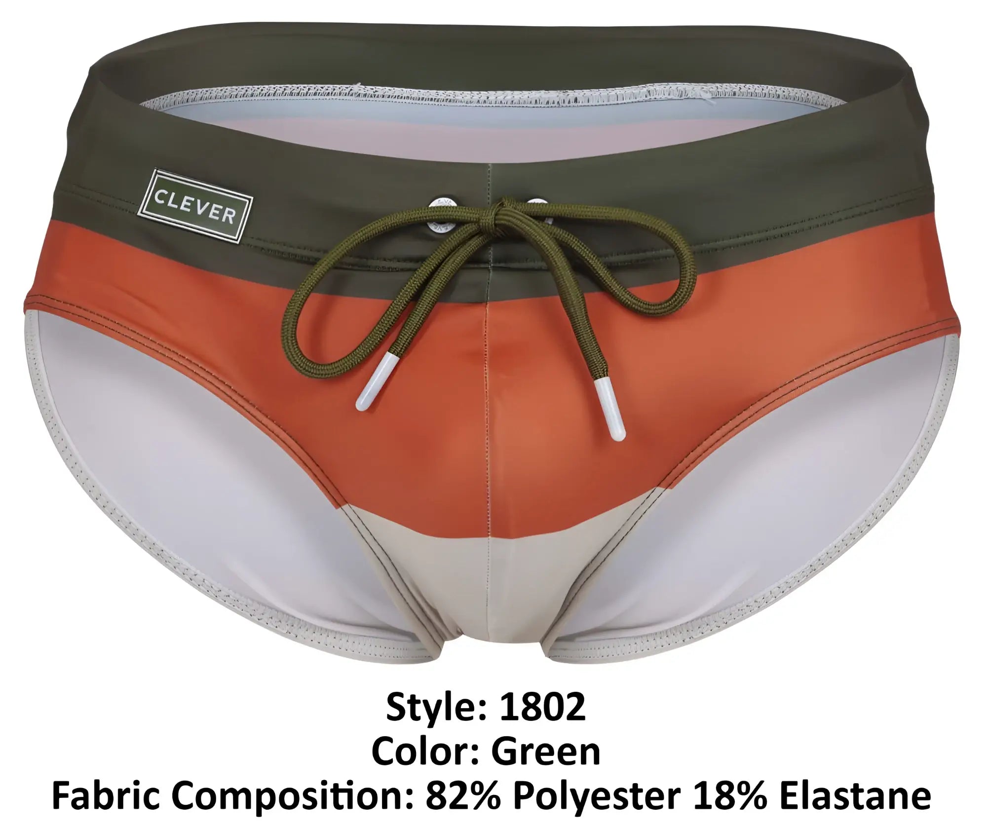 Clever 1802 wave swim briefs in green orange and white color block with olive drawstring for men