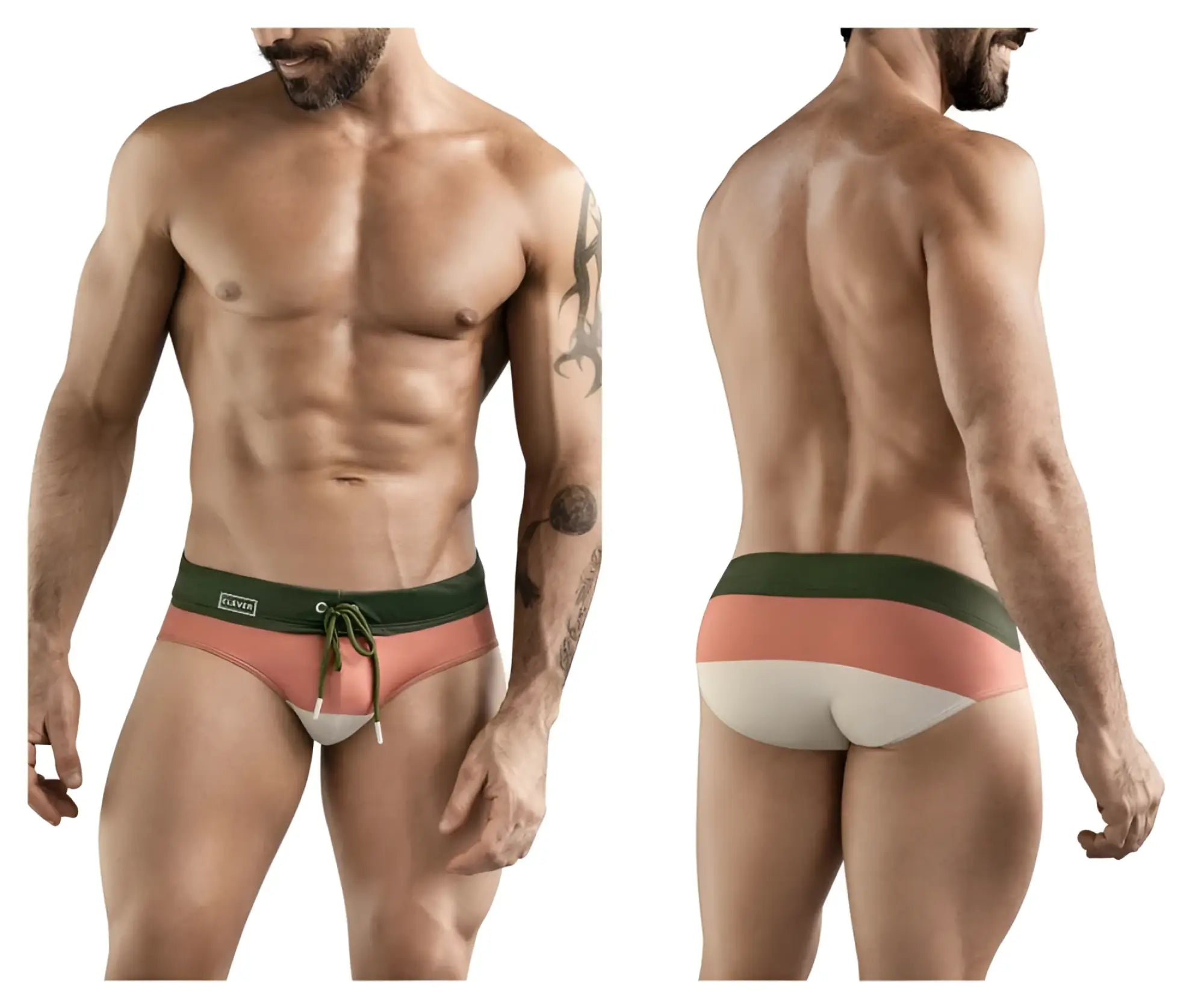 Men’s clever 1802 wave swim briefs in coral and white stripes with dark green waistband and drawstring closure