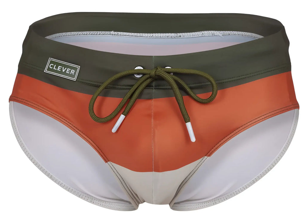 Olive green and orange striped clever 1802 wave swim briefs with white trim and drawstring waistband