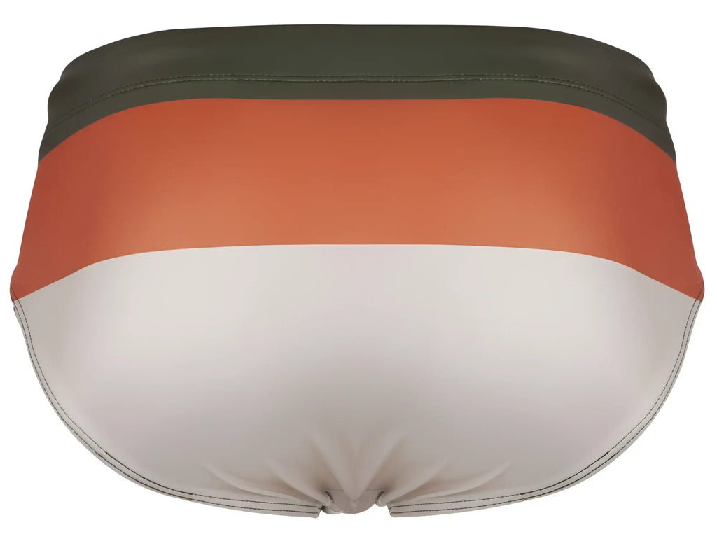 Clever 1802 wave swim briefs in olive green with orange and white stripes and smooth fabric finish