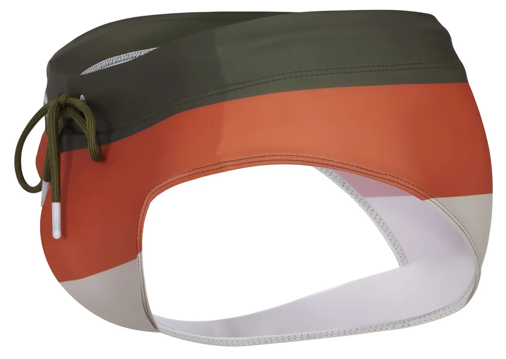 Olive green orange and white striped clever 1802 wave swim briefs with drawstring waistband for swimming