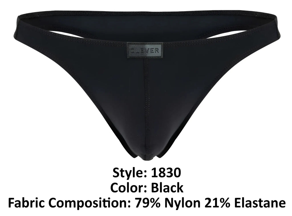 Black mens thong with sleek minimalist design black color and small clever brand label on the waistband