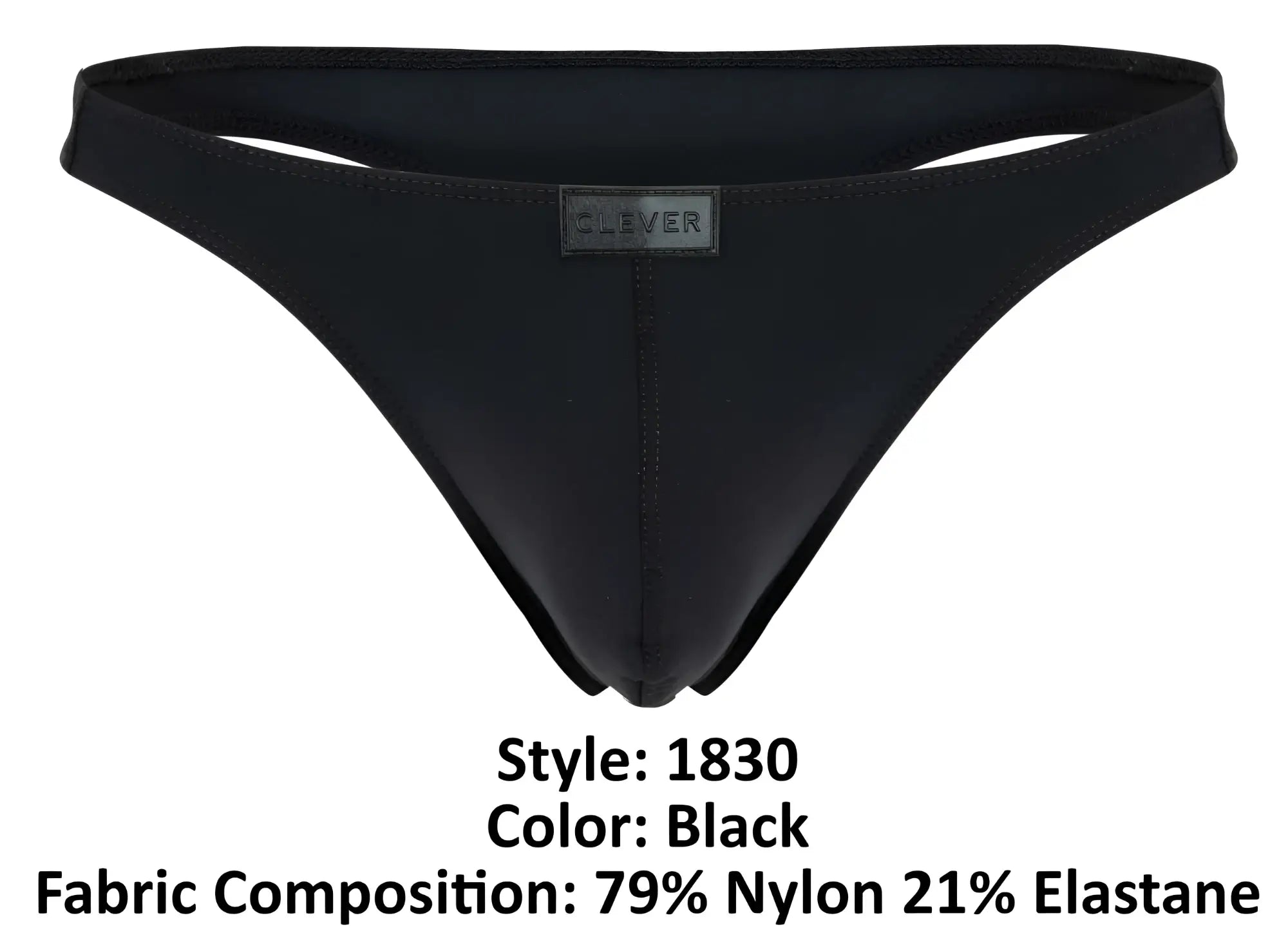 Black mens thong with sleek minimalist design black color and small clever brand label on the waistband