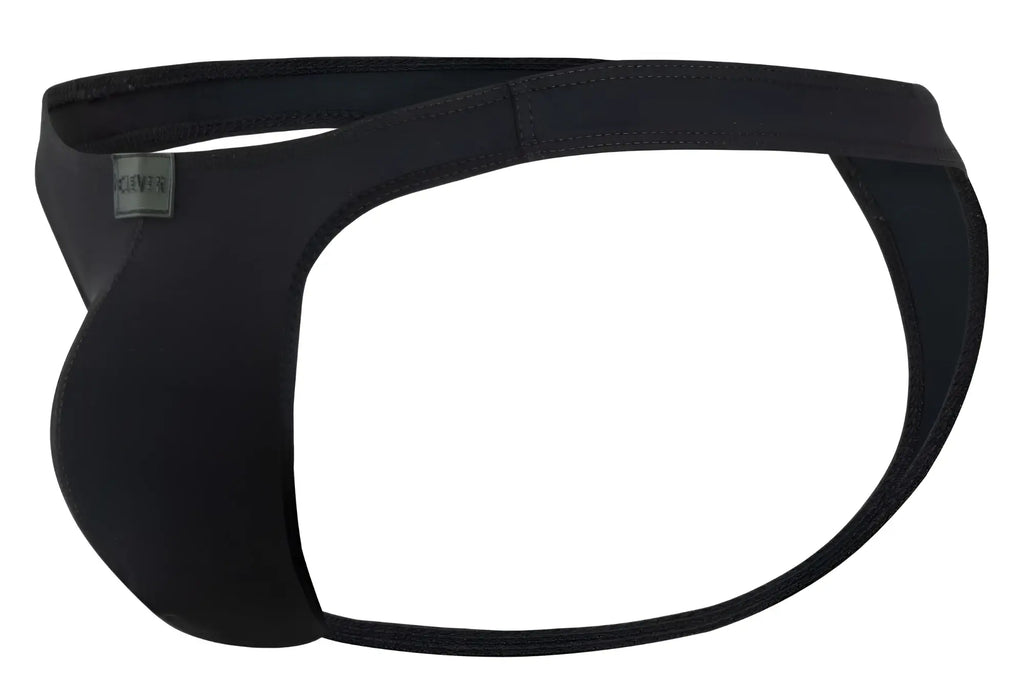 Black neoprene Clever 1830 desirable thong with sleek form-fitting design and small brand tag on the side