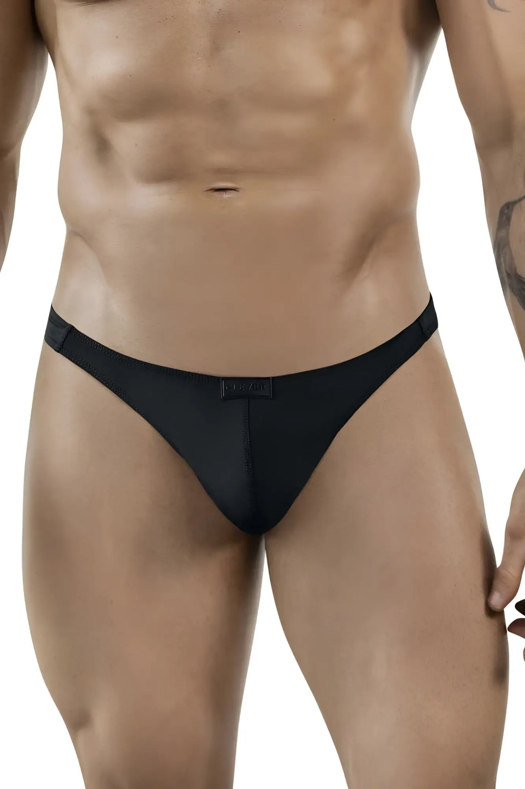 Black clever 1830 desirable thong sleek form-fitting with subtle brand tag at center front