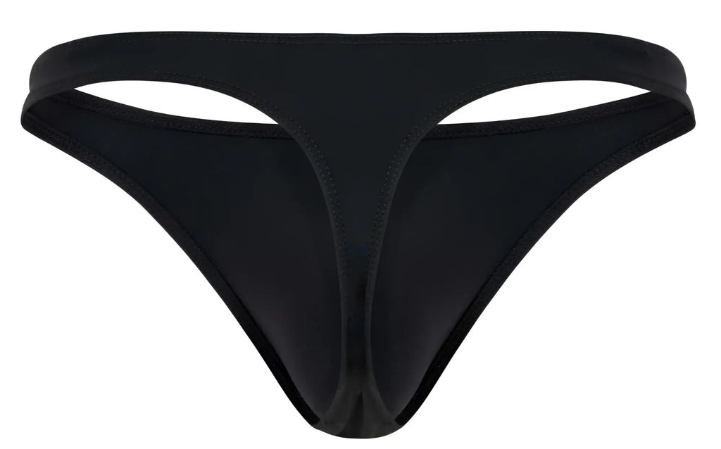 Black clever 1830 desirable thong made of smooth stretchy fabric with sleek minimalist design shown from the back side