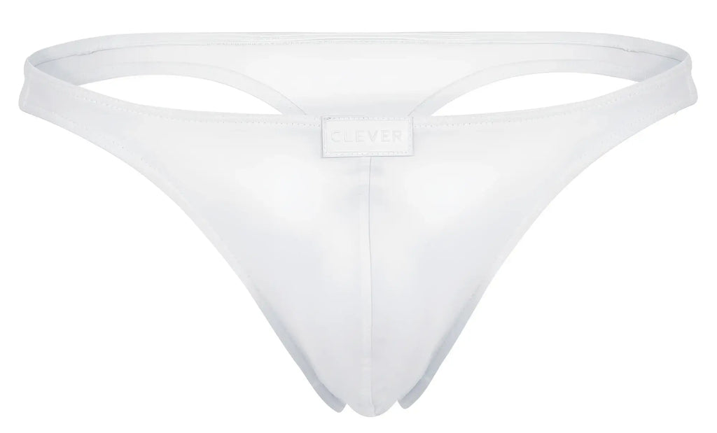 White clever 1830 desirable thong back view with smooth stretchy fabric and small rectangular brand tag at center back