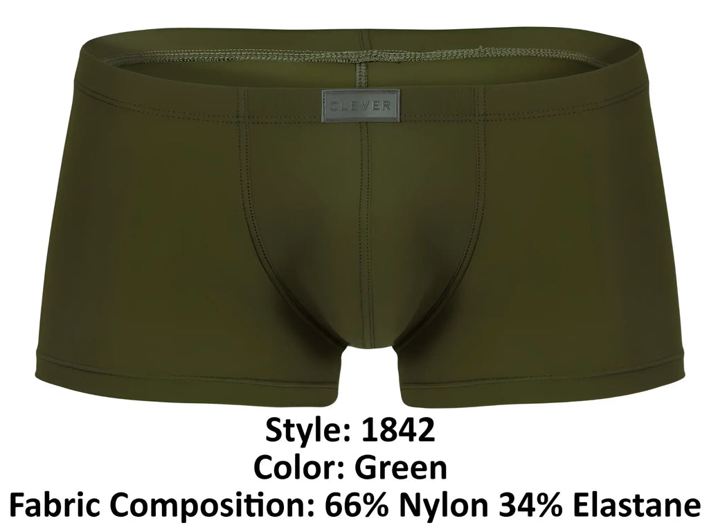Clever 1842 buenavista trunks green olive boxer briefs in 66 nylon 34 elastane with branded waistband label