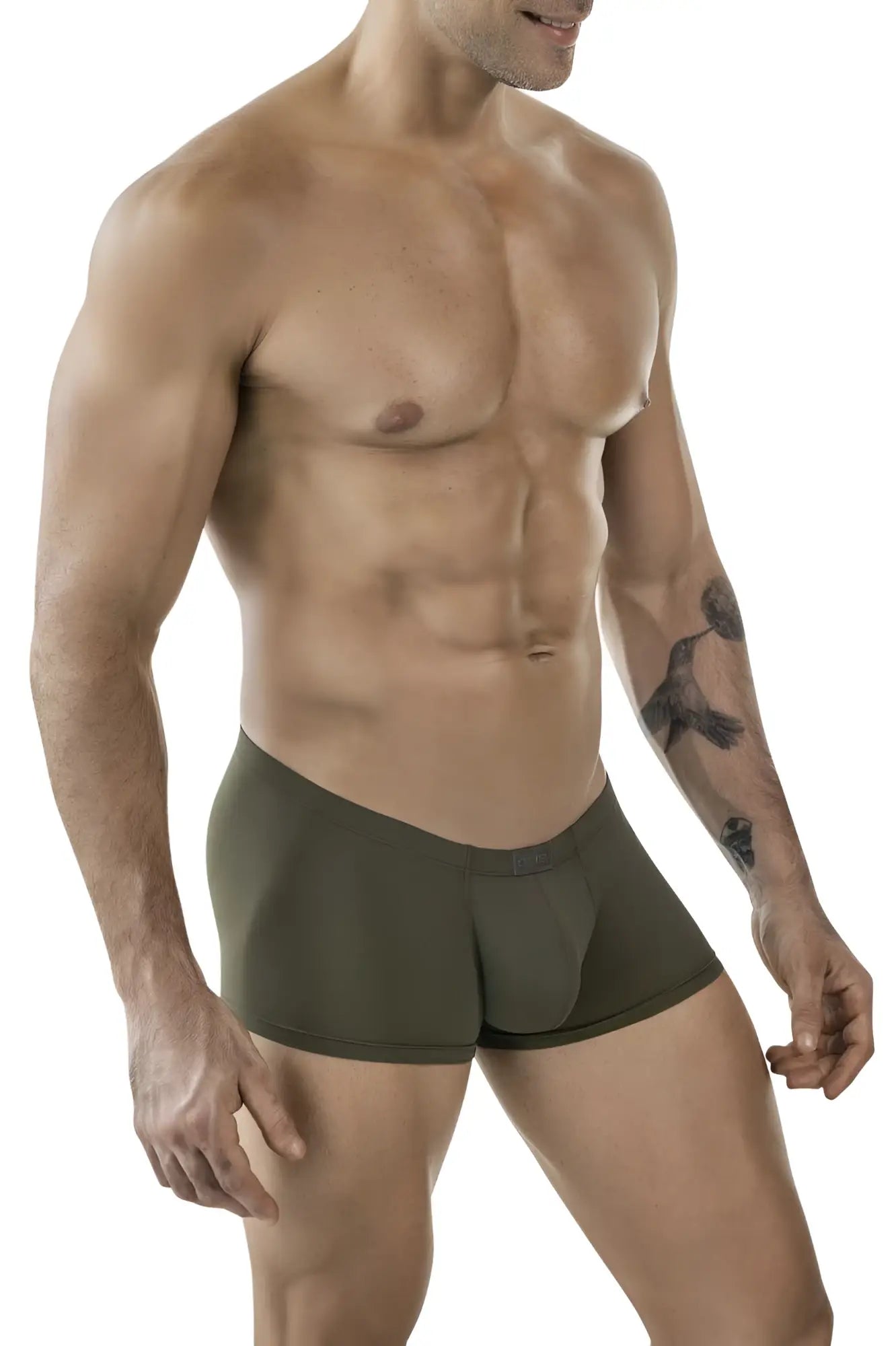 Olive green clever 1842 buenavista trunks made of stretch fabric with contoured design shown from the back side