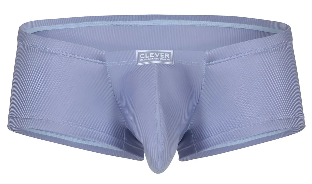 Light blue ribbed fabric briefs with clever brand label on waistband from clever 1844 aura trunks collection