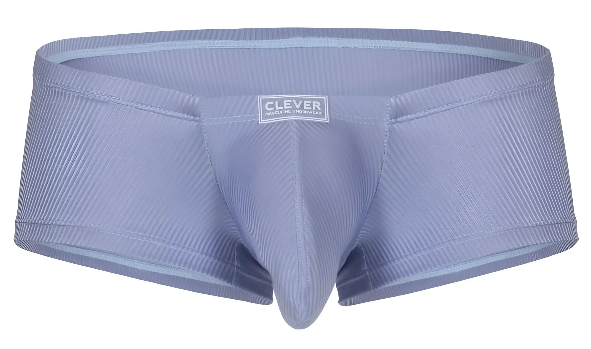 Light blue ribbed fabric briefs with clever brand label on waistband from clever 1844 aura trunks collection