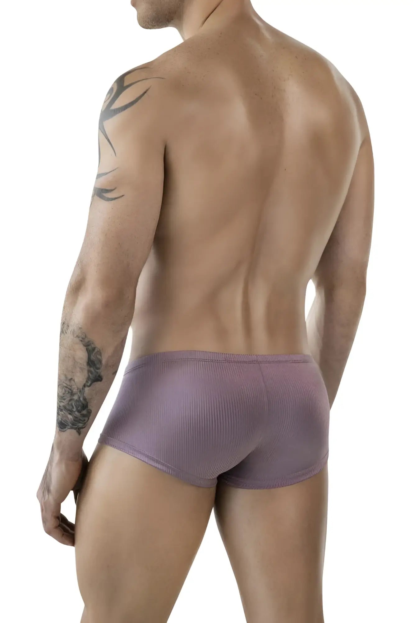 Purple ribbed briefs showing the back side with a brown clever 1844 aura trunks label and comfortable fit design