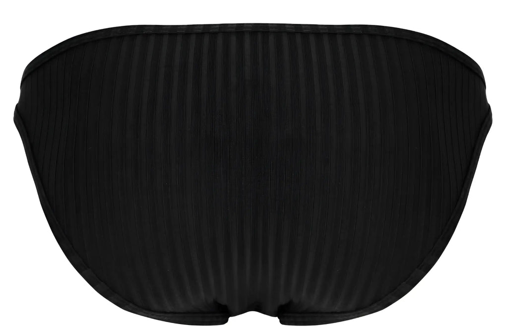 Black ribbed clever 1846 mantra bikini bottom with sleek contoured design shown from the back side