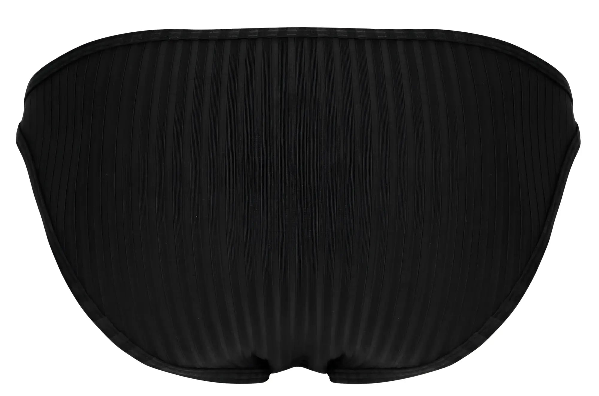 Black ribbed clever 1846 mantra bikini bottom with sleek contoured design shown from the back side