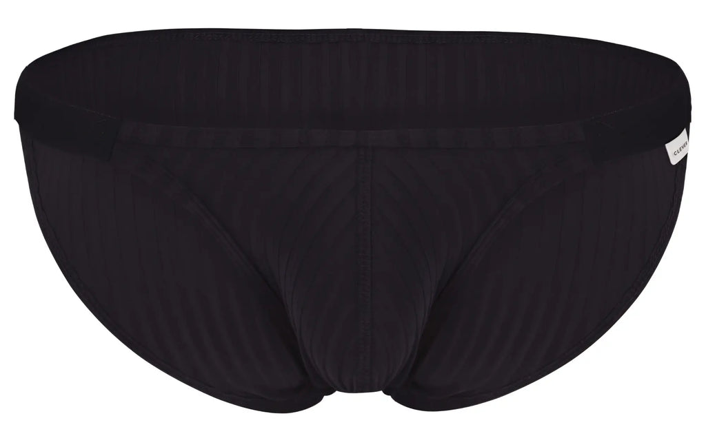 Black textured briefs with ribbed waistband and subtle vertical stitching clever 1846 mantra bikini color black