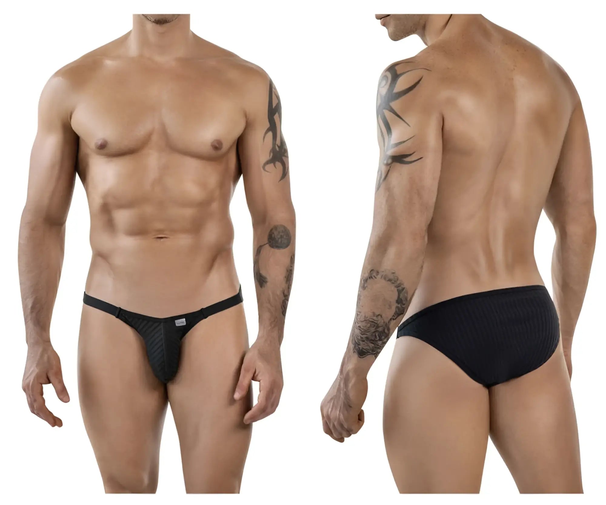 Black clever 1846 mantra bikini briefs with subtle ribbed texture and small white brand tag on the waistband