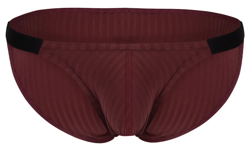 Maroon ribbed briefs with black elastic waistband from clever 1846 mantra bikini color grape shown from the back