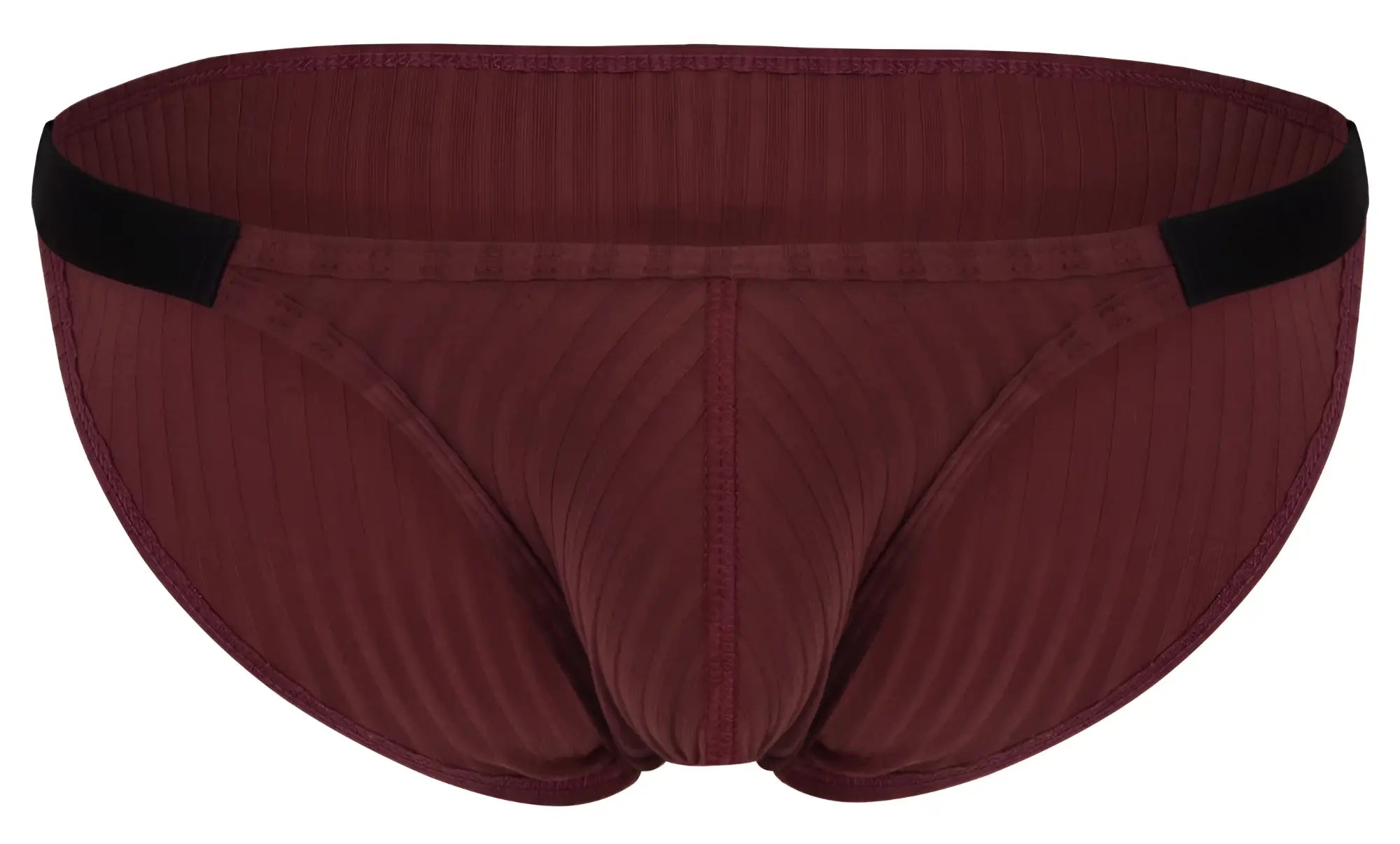 Maroon ribbed briefs with black elastic waistband from clever 1846 mantra bikini color grape shown from the back