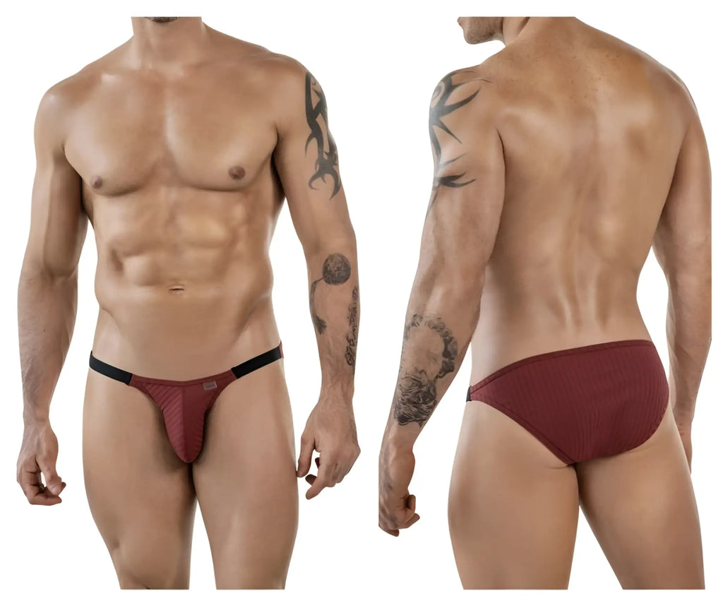 Maroon ribbed clever 1846 mantra bikini briefs with black elastic waistband in grape color shown from the front