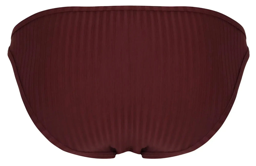 Maroon ribbed Clever 1846 Mantra bikini bottom in grape color with a sleek contoured design shown from the back