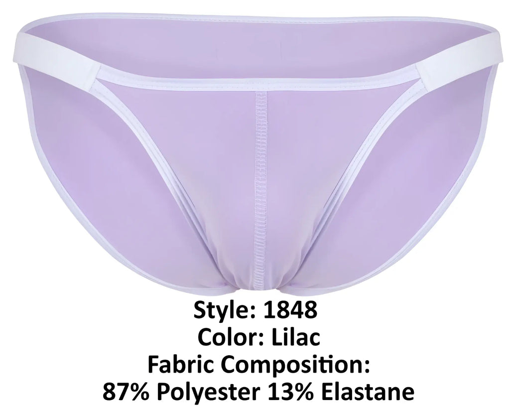 Lilac-colored sheer mesh briefs with white trim and central seam from Clever 1848 relax bikini collection