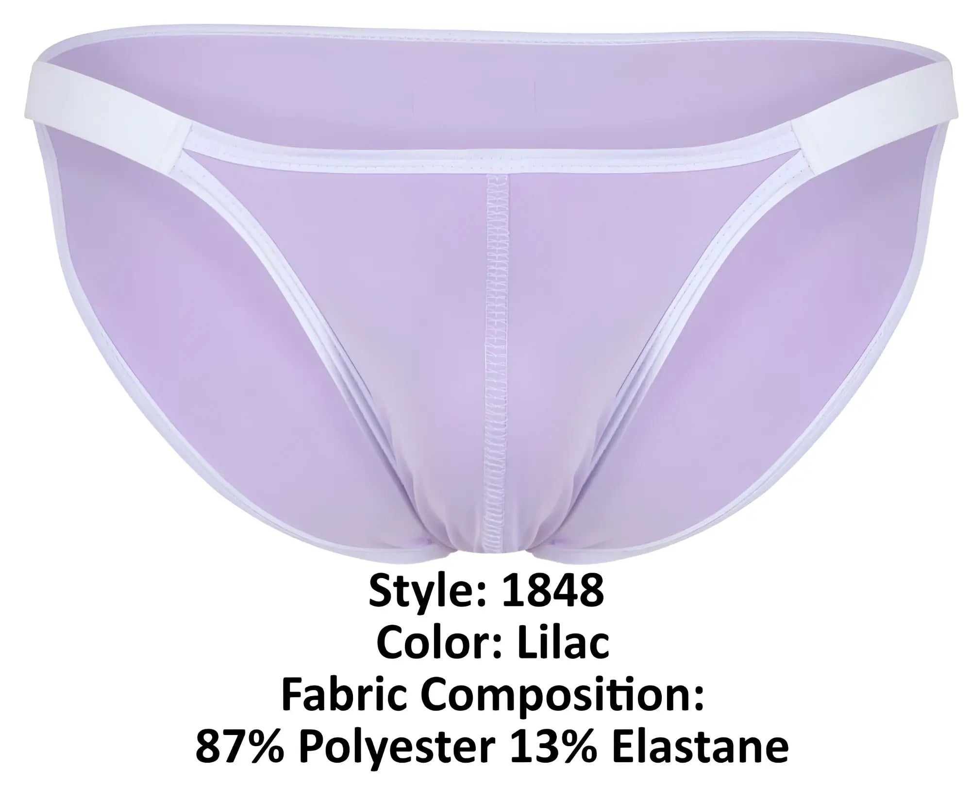 Lilac-colored sheer mesh briefs with white trim and central seam from Clever 1848 relax bikini collection